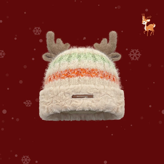 Christmas Knitted Hat With Cute Deer Antler Winter Warm Thick Hat For Girls Women